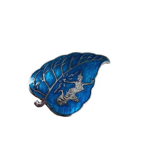 Vintage Siam Sterling Silver Brooch, Thailand Blue Enamel Pendant Brooch - Picture 2 of 6